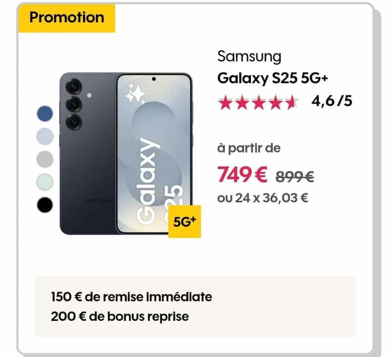 Offre exclusive : Samsung Galaxy S25 5G 128 Go avec 200€ de bonus reprise