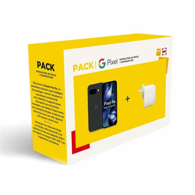 Offre Google Pixel 9a 5G : 6,3", 8 Go RAM, 128 Go, Noir Volcanique avec Chargeur 45W (100€ de Bonus Reprise)