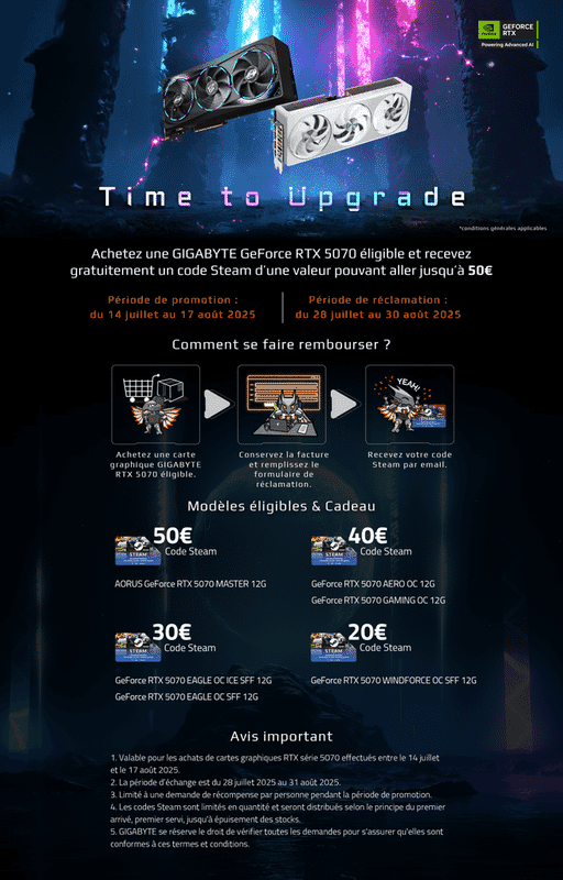 Offre spéciale : Carte Steam de 50€ avec l'achat d'une Carte Graphique Aorus RTX 5070