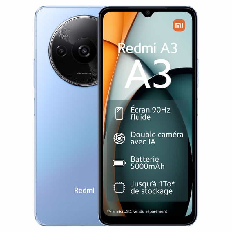 Smartphone Xiaomi Redmi A3 : 6.71" HD+ 90 Hz, Helio G36, 4 Go RAM, 128 Go, 5000 mAh