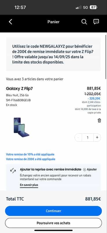 Code promo - Smartphone 6,7" Samsung Galaxy Z Flip 7 - 256 Go + Galaxy Buds 3 + Galaxy Tab a9+ OFFERT