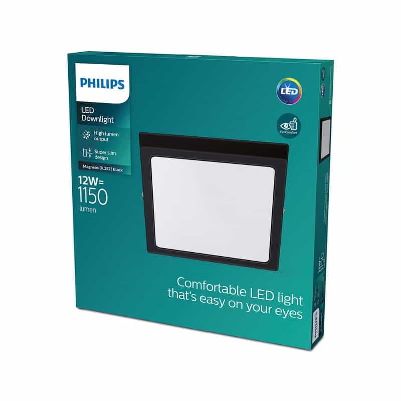 Luminaire Plafonnier LED Philips - Design Fin et Moderne - Forme Carrée - 12W - Noir