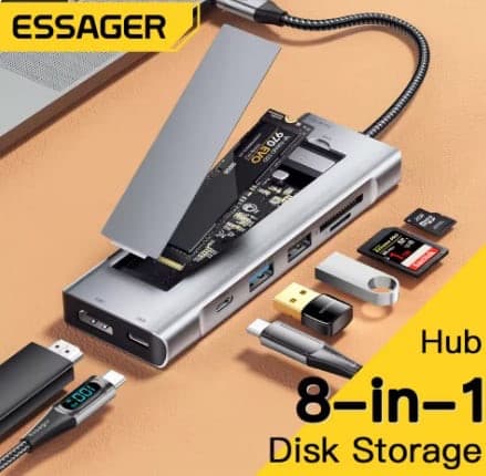 Hub 8-en-1 ESSAGER Type-C : SSD M2, HDMI 4K, Charge 100W, USB, SD/TF