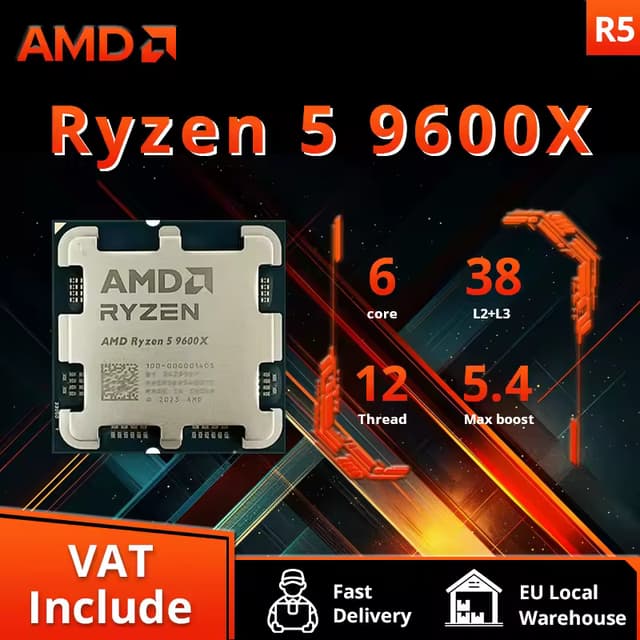 Code promo - Processeur AMD Ryzen 5 9600X - Socket AM5, 6 cœurs, Jusqu'à 5,4 GHz, 38Mo Cache