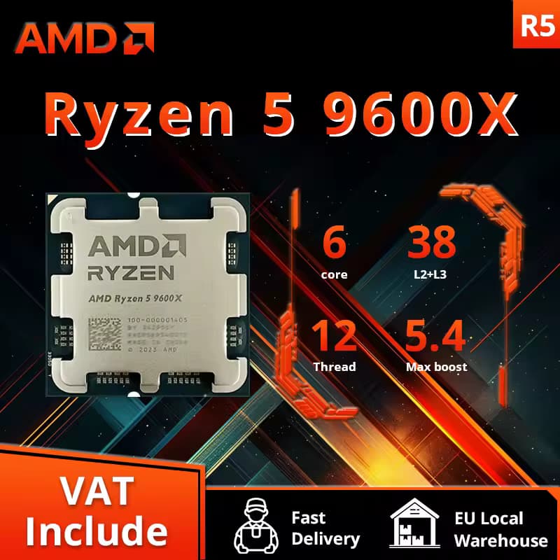 Code promo - Processeur AMD Ryzen 5 9600X - Socket AM5, 6 cœurs, Jusqu'à 5,4 GHz, 38Mo Cache