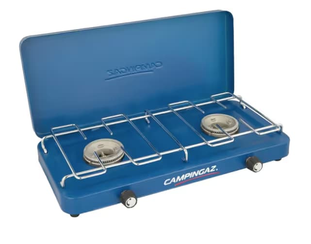Cocina de camping Campingaz Base Camp Lid, Cocina compacta con tapa, Varias opciones de cocción con 2 placas, Cocina de gas de 2 quemadores con potencia de 2 x 1 600 W, Cocina de gas para acampar