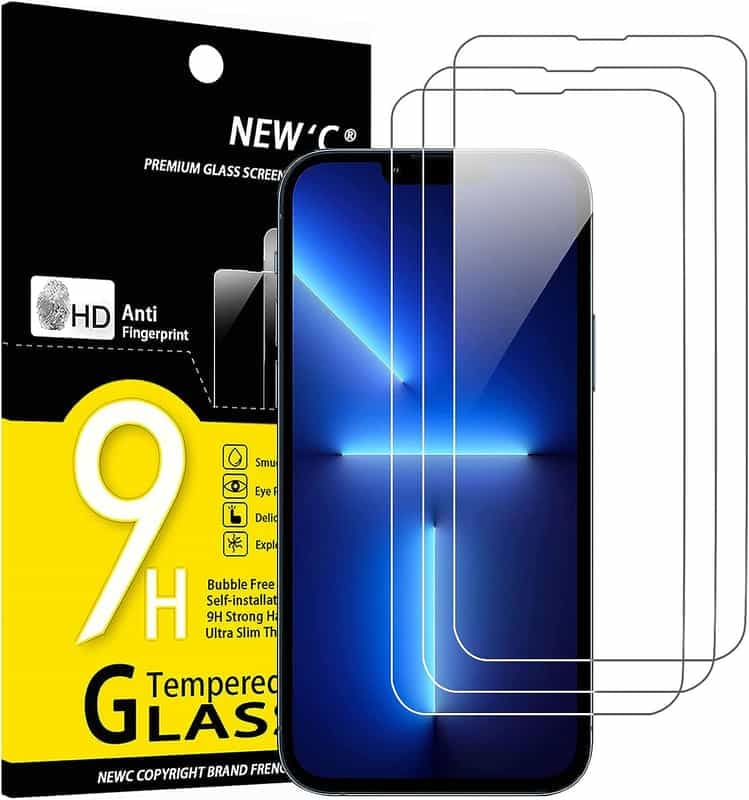 NEW'C Lot de 3, Verre Trempé pour iPhone 14, 13, 13 Pro (6,1"), Film Protection écran -sans Bulles d'air -Ultra Résistant (0,33mm HD Ultra Transparent) Dureté 9H Glass