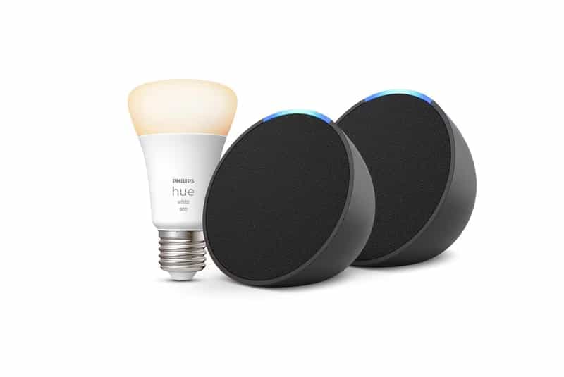 [Prime] Lot de 2 Echo Pop Anthracite + Ampoule connectée Philips Hue White (E27), Fonctionne avec Alexa - Kit de démarrage Maison connectée