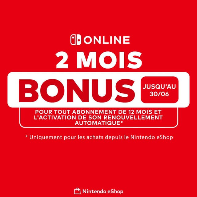 Nintendo Switch Online 2 mois offert pour 12 mois (uniquement en passant par le Nintendo eshop et en activant le renouvellement automatique)