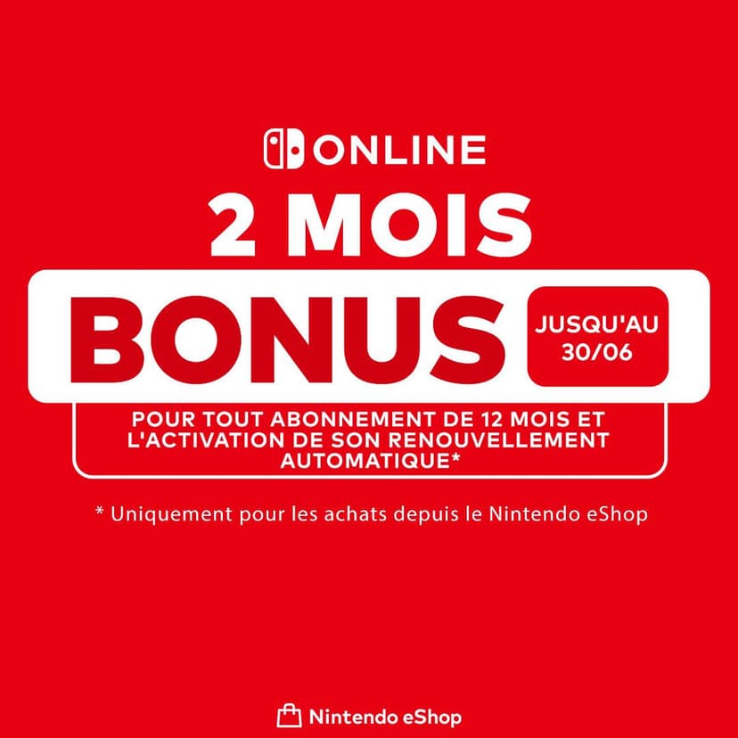 Nintendo Switch Online 2 mois offert pour 12 mois (uniquement en passant par le Nintendo eshop et en activant le renouvellement automatique)