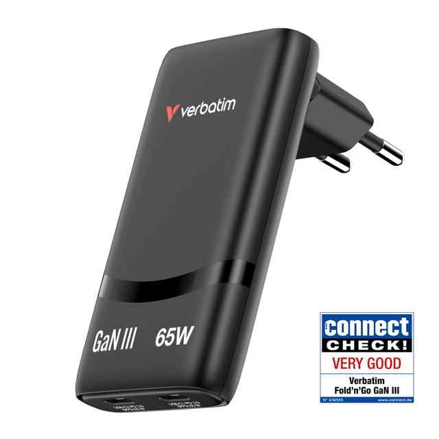 Chargeur rapide Verbatim Fold’n’Go GaN 65W, Chargeur Pliable USB-C, Adaptateur Secteur avec 2 Ports USB-C Power Delivery 3.0