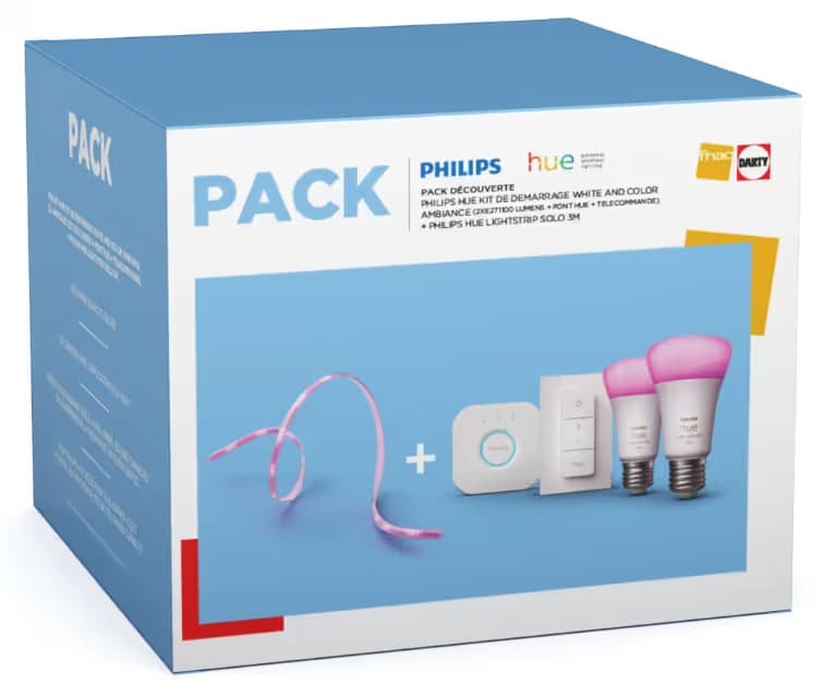 Ensemble Philips Hue : 2 Ampoules connectées W&C E27 1100lm + Pont de connexion + Dimmer Switch + Ruban LED Lightstrip Solo 3m