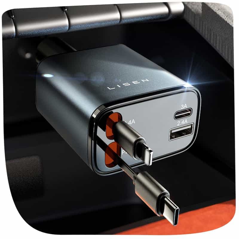 Chargeur Voiture Lisen 69W - USB-C et USB-A, Design Compact et Câble Rétractable