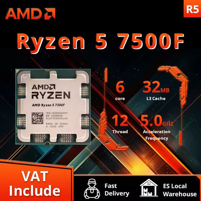 Code promo - Processeur AMD Ryzen 5 7500F - Socket AM5, 6 cœurs, Jusqu'à 5 GHz, 38Mo Cache