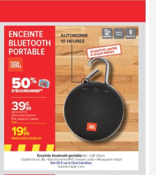 Enceinte JBL Clip 3 - Son exceptionnel à emporter partout!