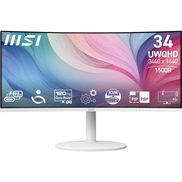 Ecran PC Incurvé 34" MSI Modern MD342CQPW - Ultra-Wide, UWQHD, 1440p, Dalle VA, 120Hz, 1ms, USB-C 98W, KVM, Haut-Parleurs, Blanc
