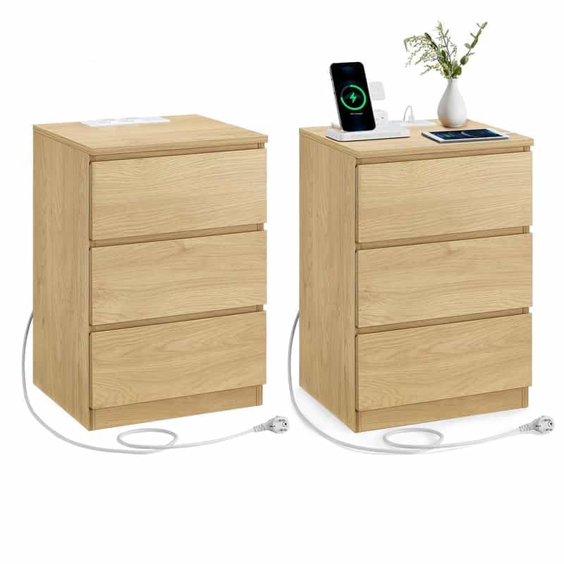 Lot de 2 Tables de Chevet VASAGLE Kailyn - 3 Tiroirs et Prises Intégrées