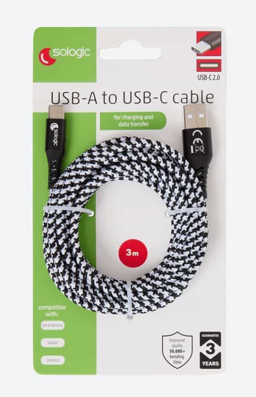 Câble USB-C 2.0 de 3m Sologic - Liberté et Mobilité à Petit Prix !