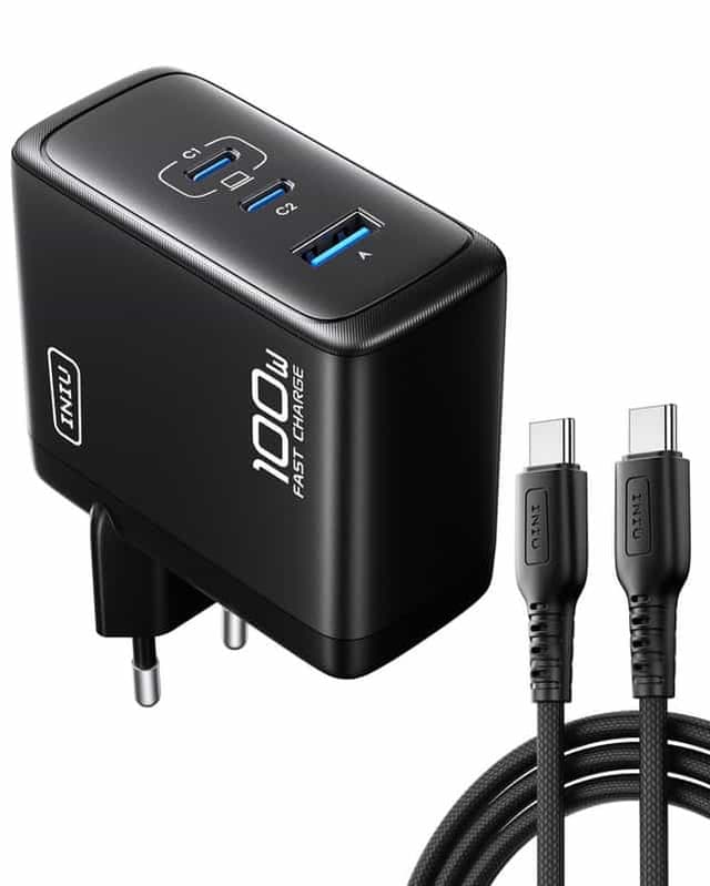 Chargeur USB C 100W INIU avec Câble, GaN QC 3.0 Charge Rapide et Compact, 3 Ports Prise USB C