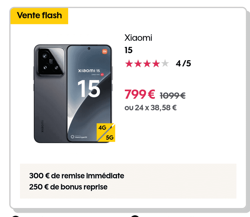 Smartphone Xiaomi 15 : 6,36" 512 Go avec 250€ de bonus reprise