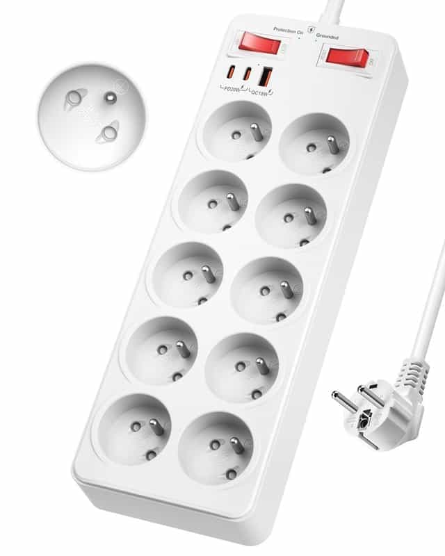 Code promo - Multiprise 10 Prises avec USB C, Interrupteur et Protection Parafoudre