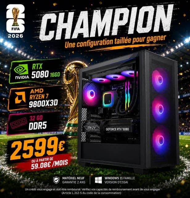 PC fixe Champion - Ryzen 7 9800X3D, RTX 5080 16 Go, 32 Go RAM DDR5, 1 To SSD, B850-S WiFi, 850W 80+ Gold + 007 First Light offert