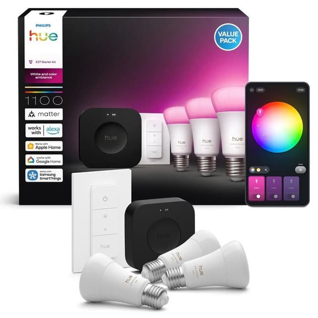 Code promo - Pack Philips Hue Bridge Pro avec interrupteur et 3 ampoules 1100 lumens E27